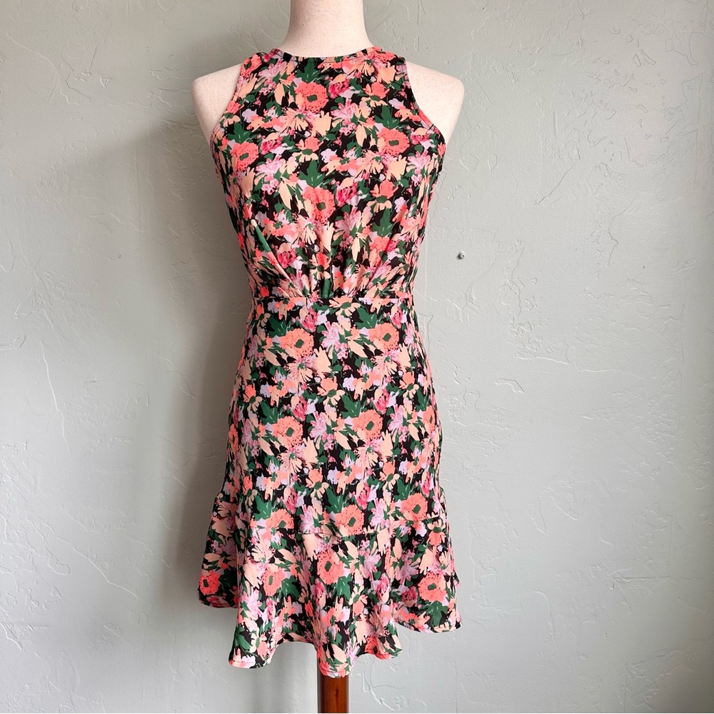 J. Crew Women’s Neon Pink Black Floral Ruched Waist Dress Size 00 EUC